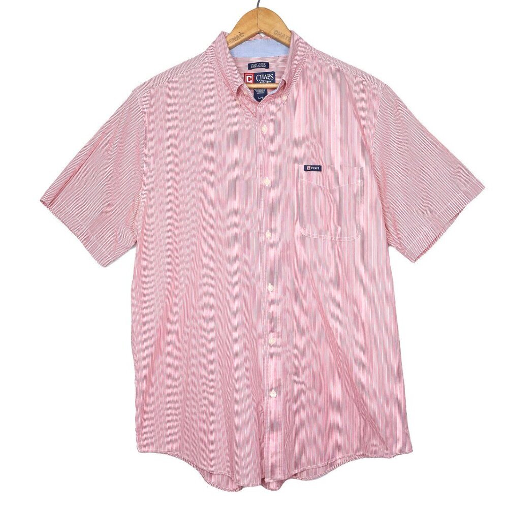 Chaps Ralph Lauren Men’s Short Sleeve Easy Care Striped Dress Shirt Red & White